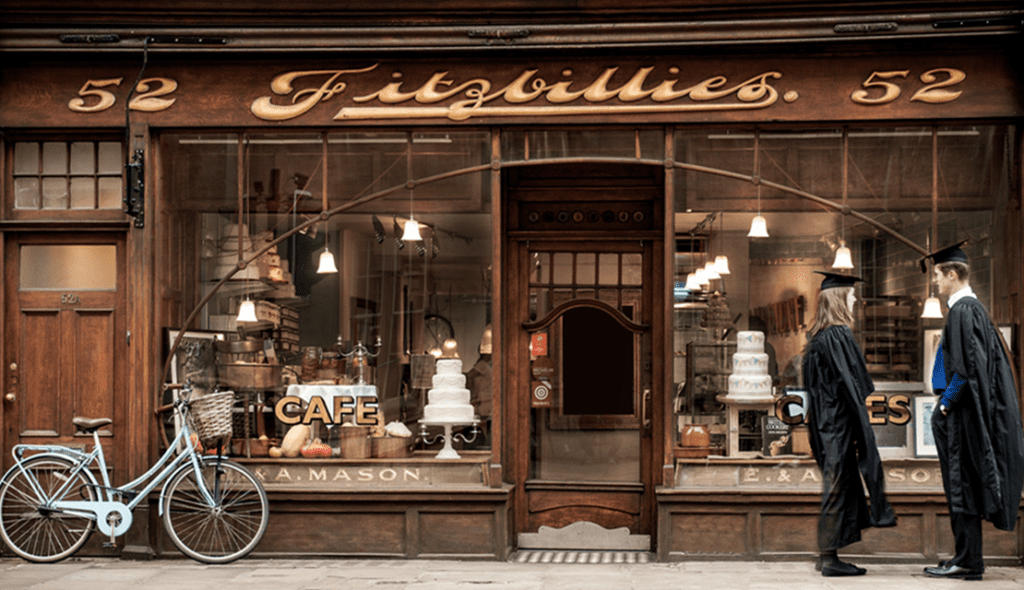 a bicycle in front of the Fitzbillies bakery Cambridge