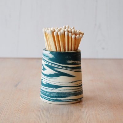 Ceramic Match Pot - Marbled Teal & White