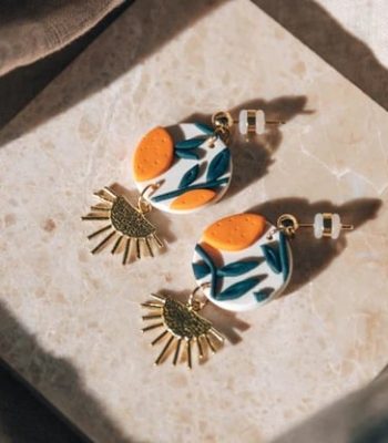 Orange Tree with Brass Drop Earrings