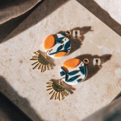 Orange Tree with Brass Drop Earrings